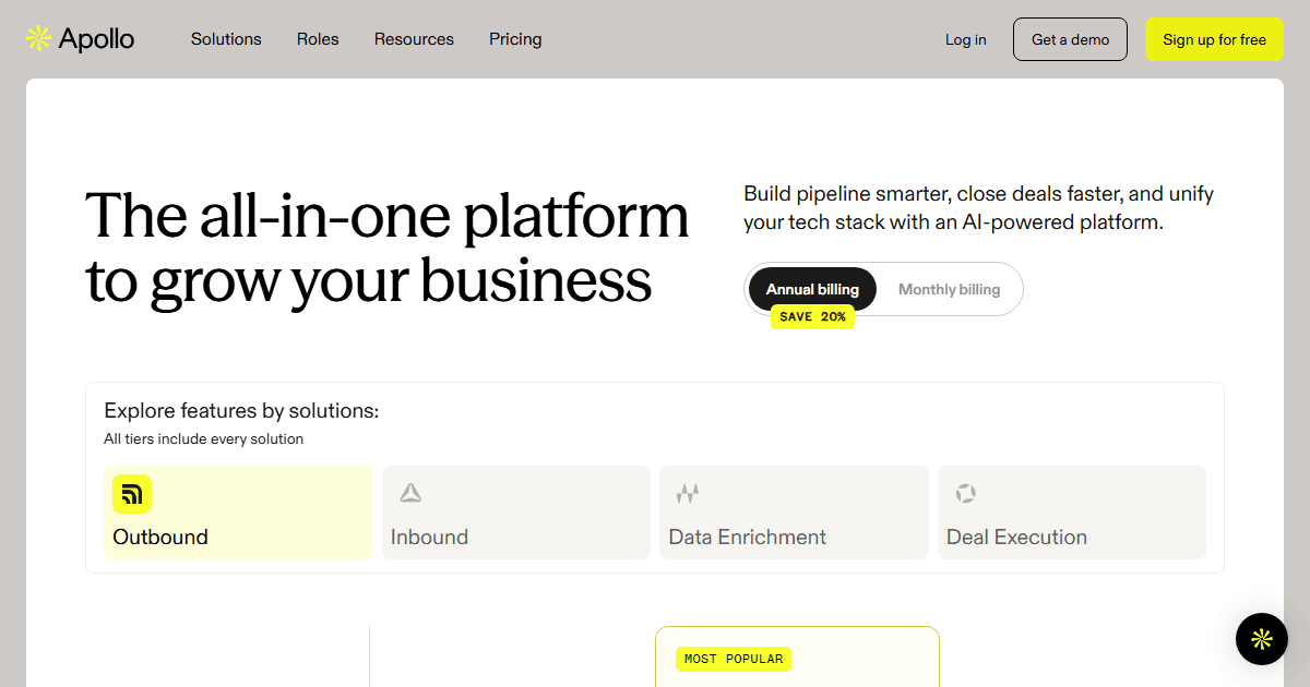 Apollo.io pricing page showing Free, Basic, Professional, and Organization tiers