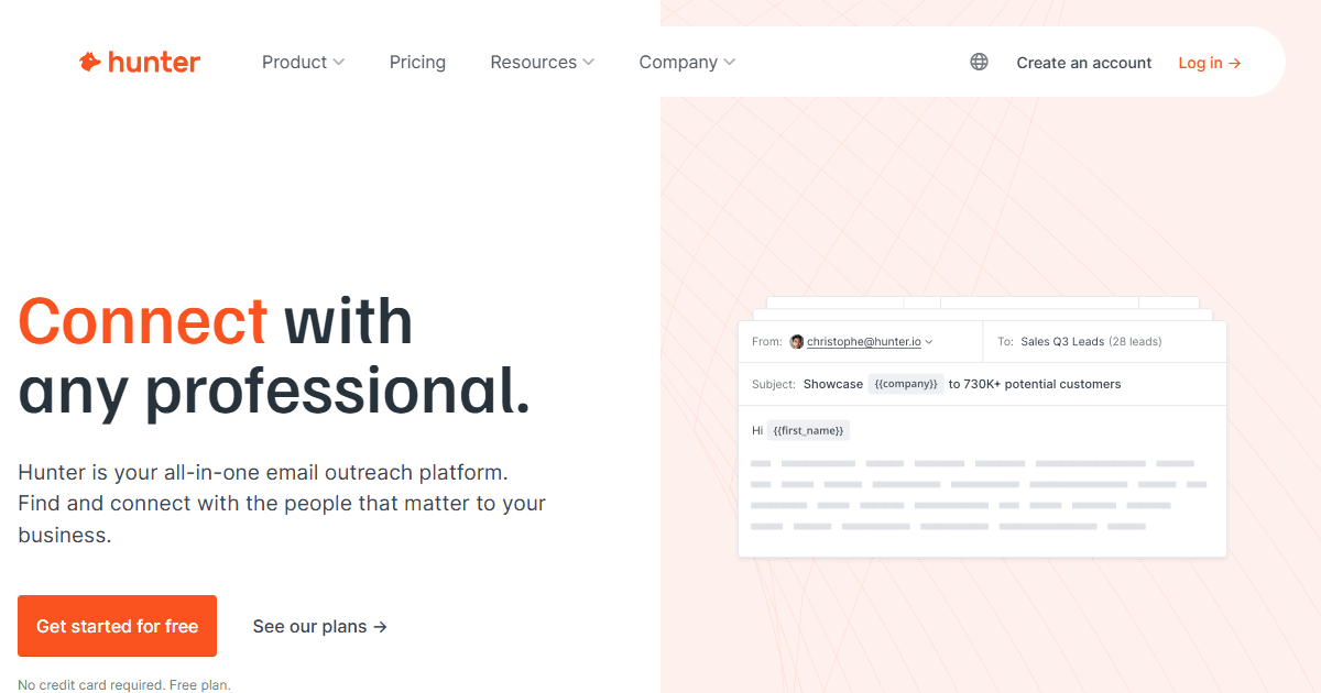 Hunter.io pricing page showing Free, Starter, Growth, and Scale tiers