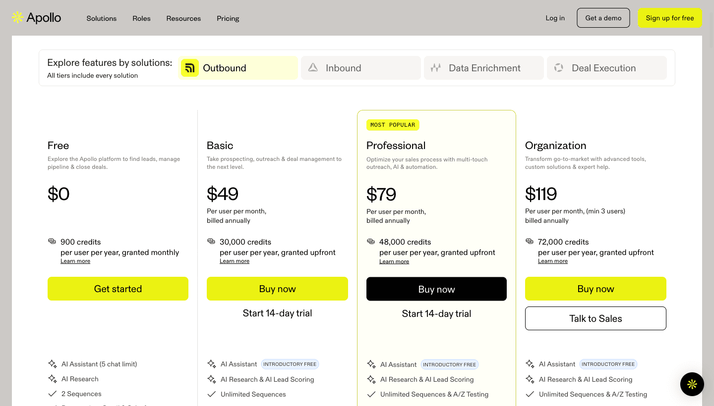 Apollo.io pricing tiers showing Free, Basic $49, Professional $79, and Organization $119 per seat per month billed annually