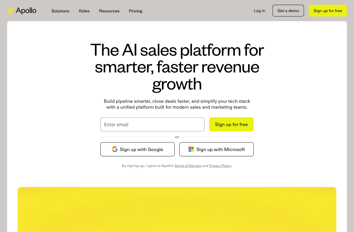 Apollo.io homepage showing sales intelligence platform