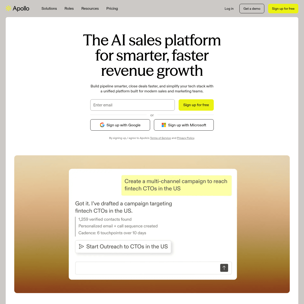 Apollo.io homepage in 2026 showing the AI sales platform messaging