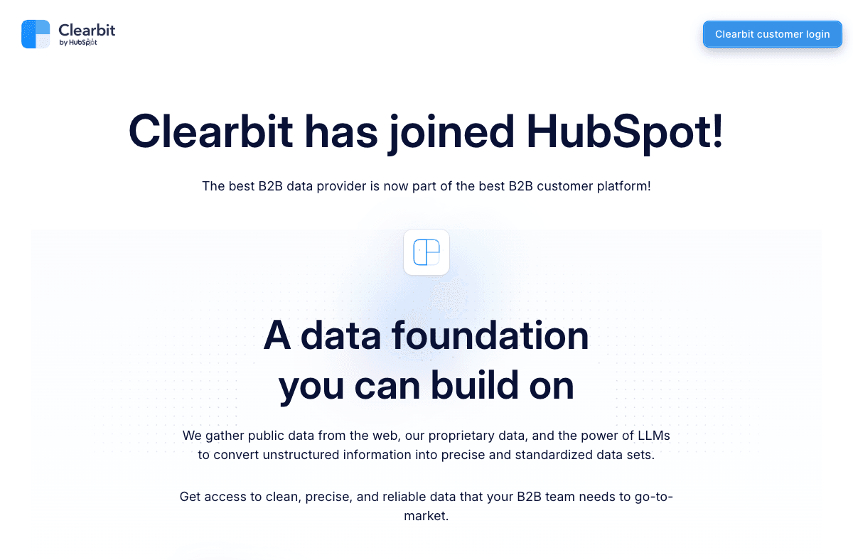 Clearbit homepage showing HubSpot acquisition