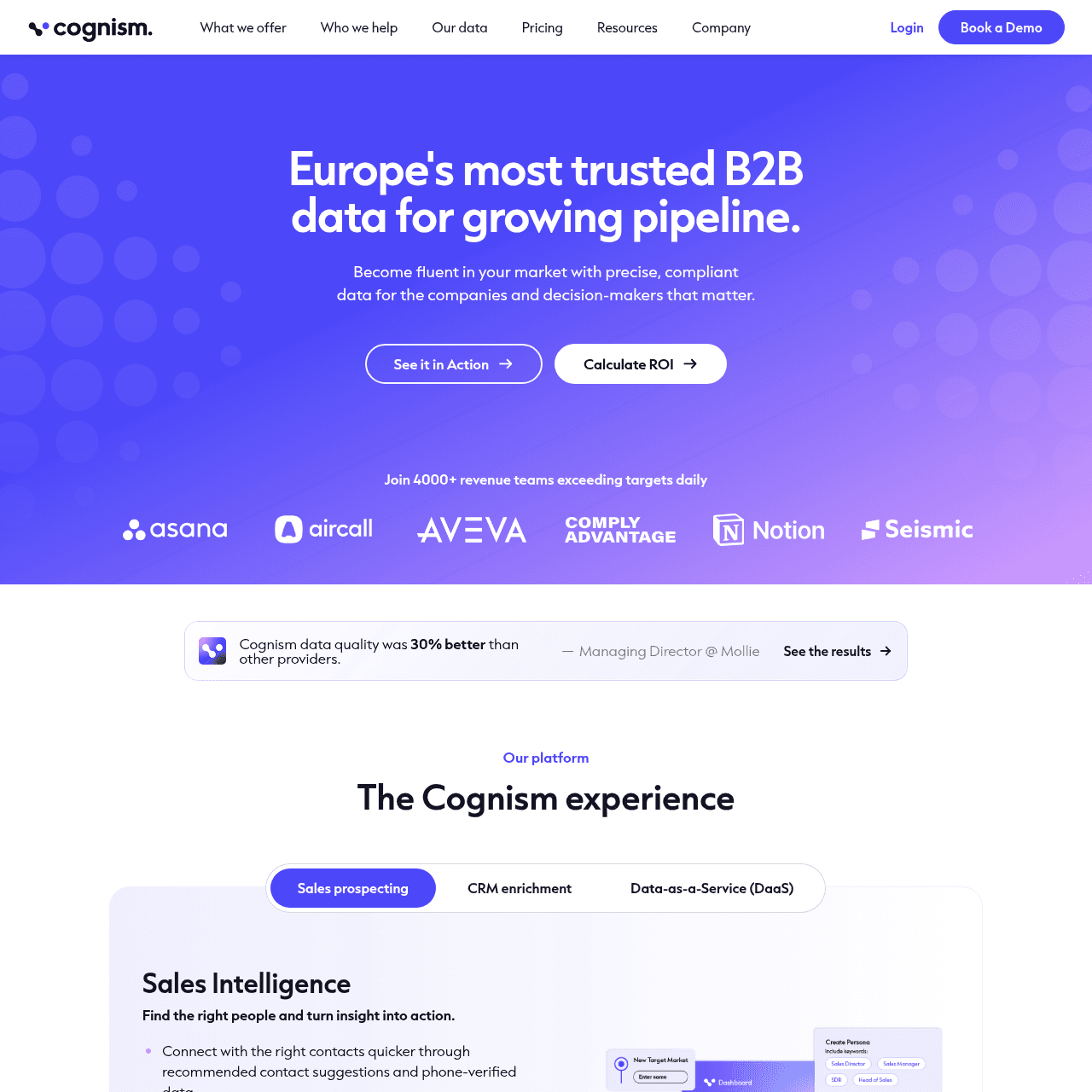 Cognism homepage in 2026 showing Europe's most trusted B2B data positioning