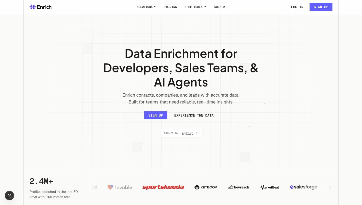 Enrich homepage — API-first email finder with 94%+ accuracy