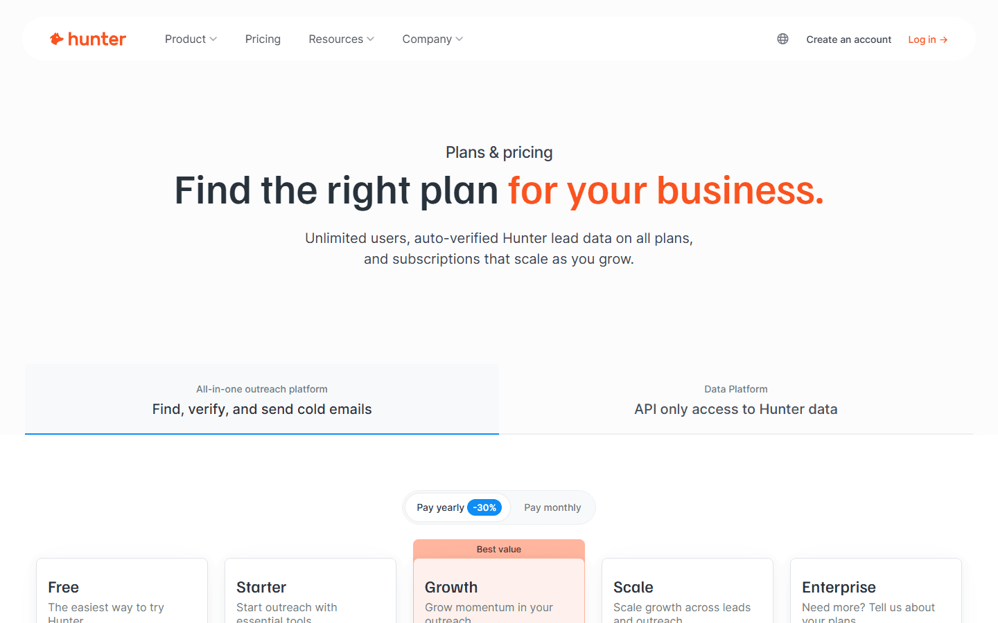 Hunter.io pricing tiers showing Free 50 credits, Starter $34, Growth $104, Scale $209, and Enterprise plans