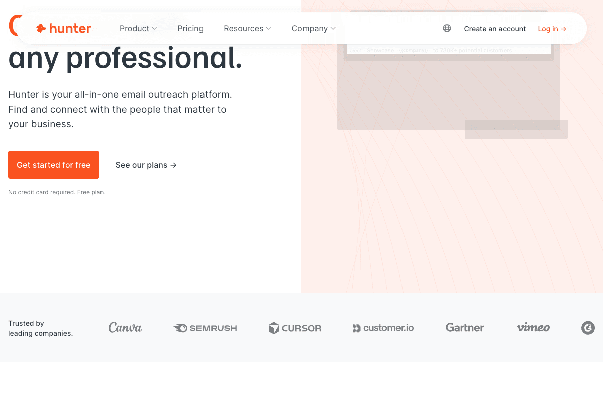 Hunter.io homepage showing email finder and outreach platform