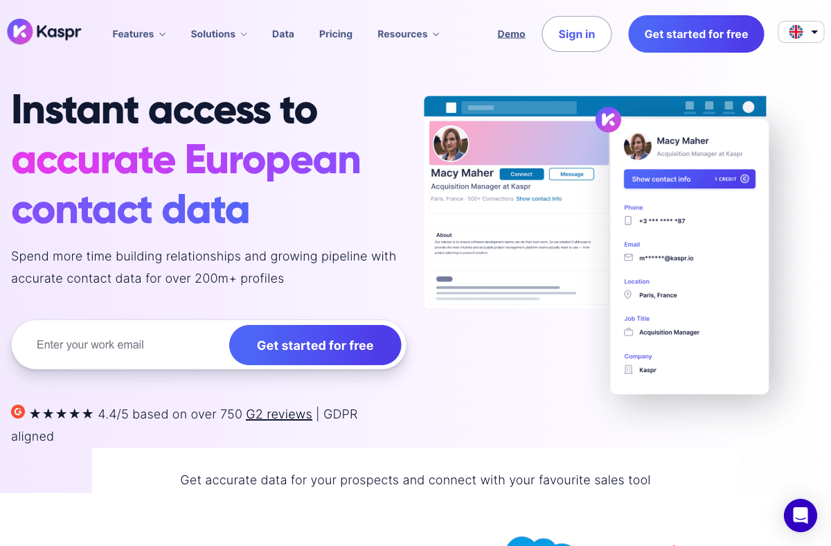 Kaspr homepage showing phone number and email extraction from LinkedIn