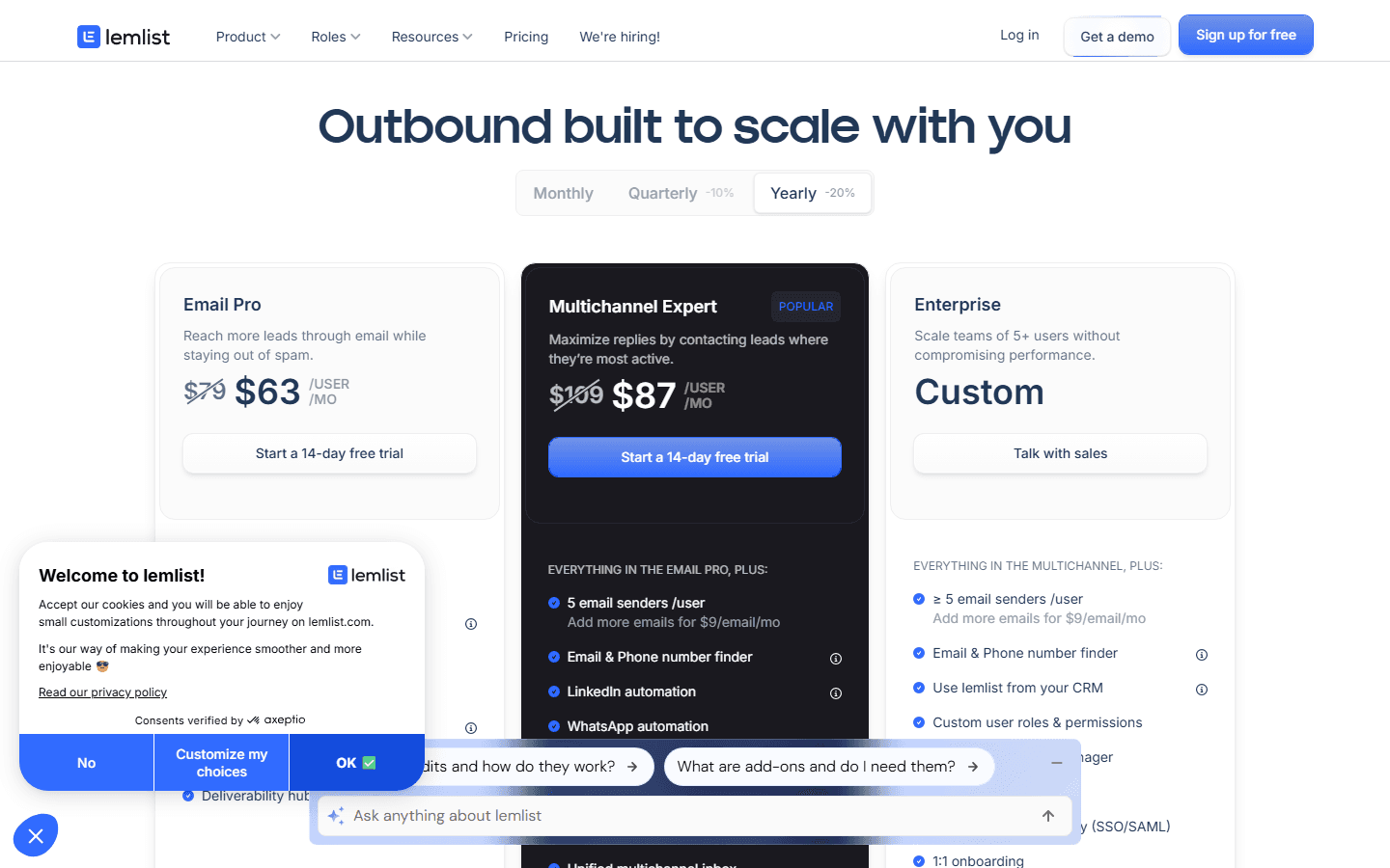 Lemlist pricing page showing plans and costs