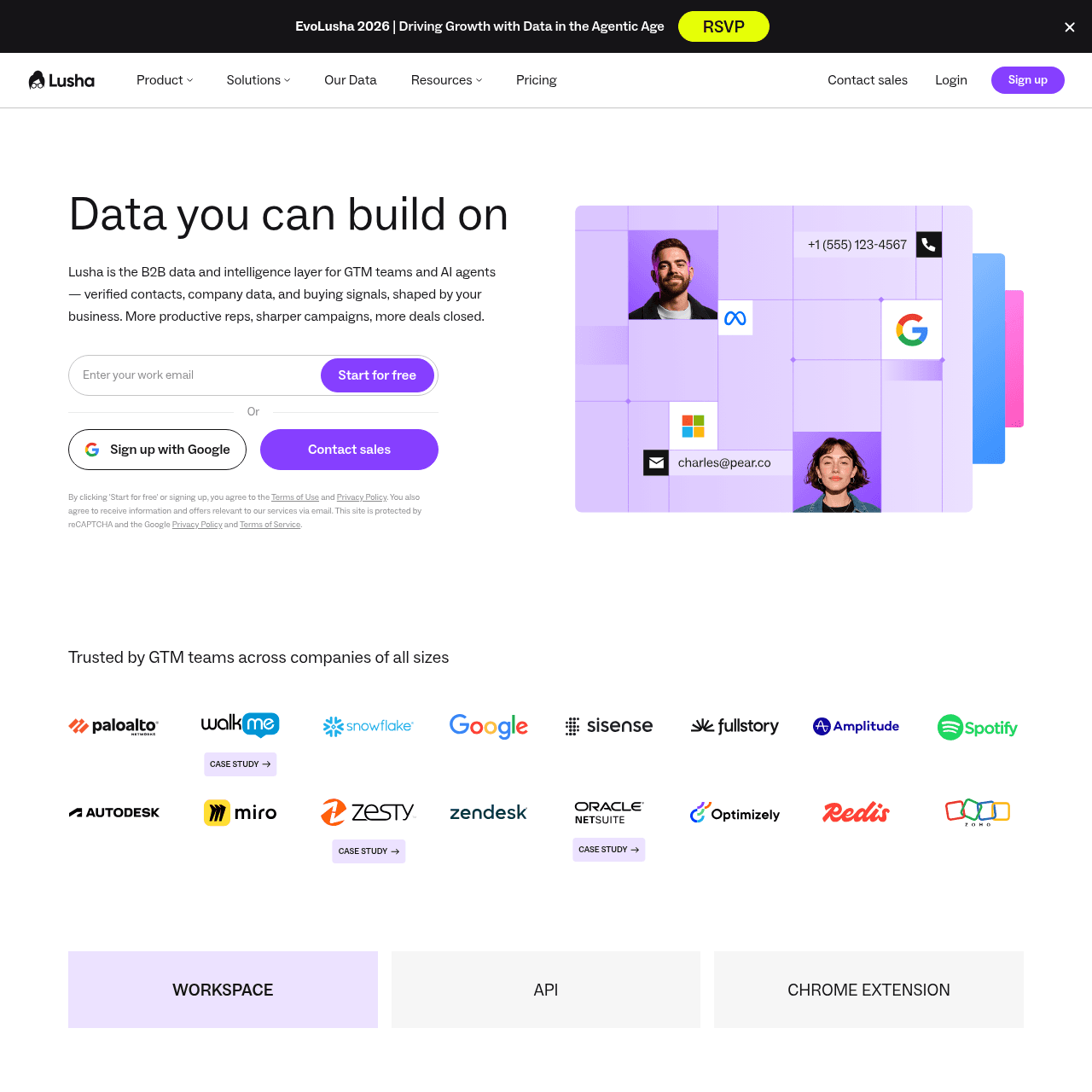 Lusha homepage in 2026 showing verified contacts, company data, and buying signals positioning