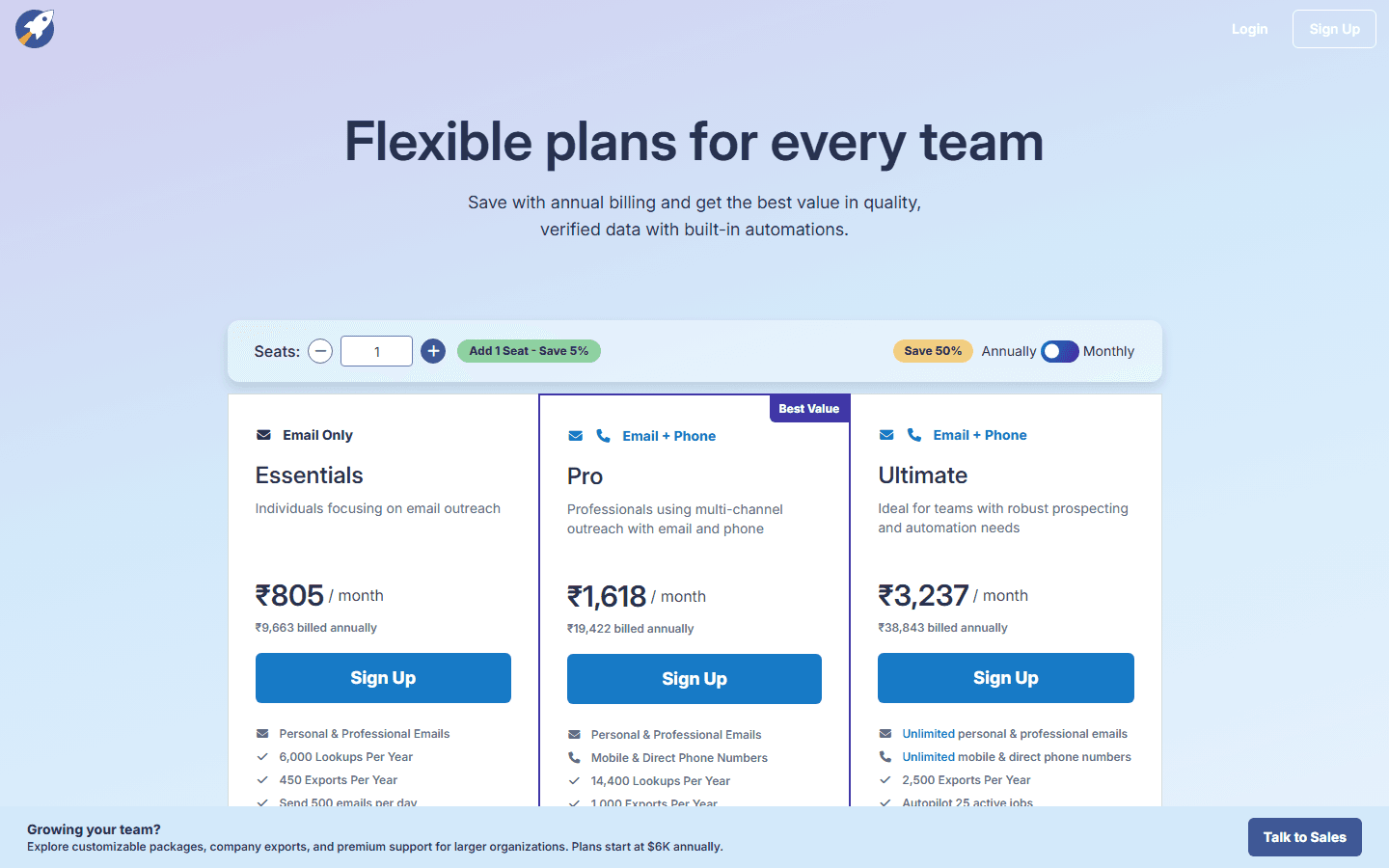 RocketReach pricing page showing Essentials, Pro, and Ultimate plans with annual/monthly toggle