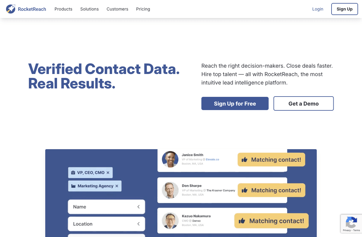 RocketReach homepage showing 700M+ professional profiles