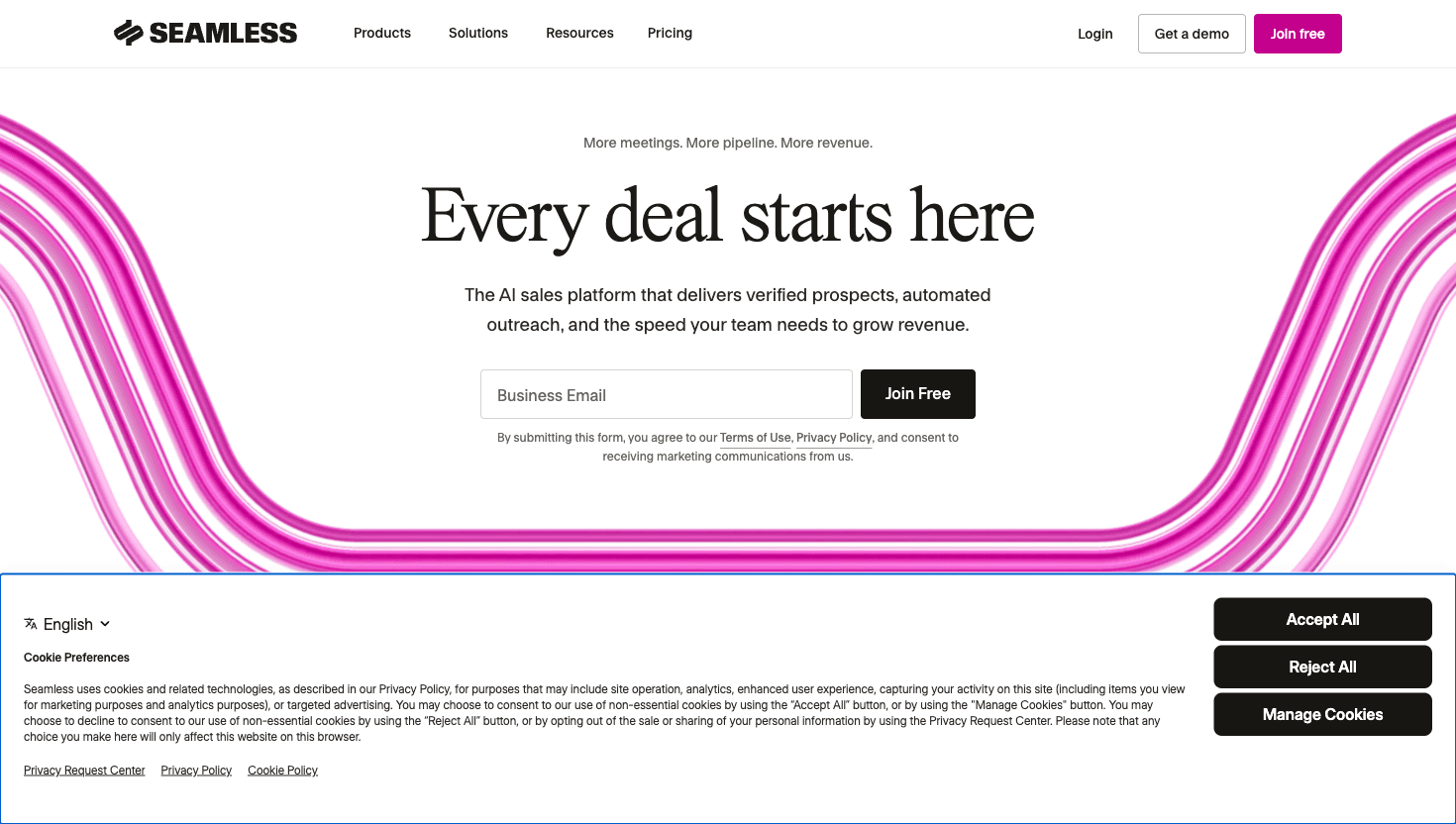 Seamless.AI homepage showing AI sales platform for verified prospects