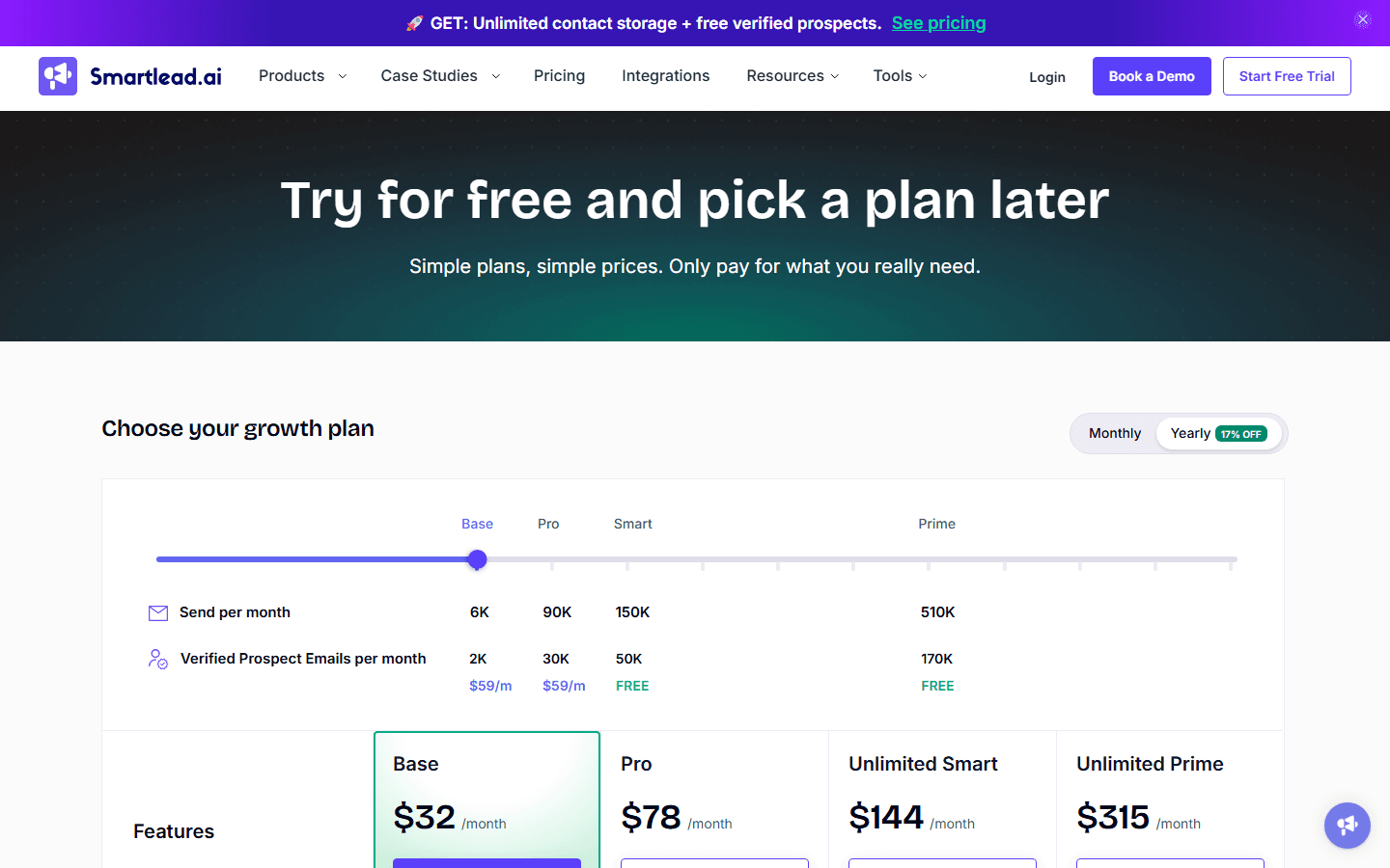 Smartlead pricing page showing plans and costs