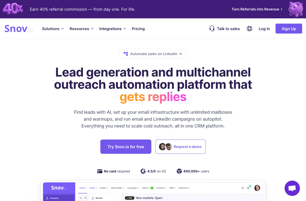 Snov.io homepage showing email finder and drip campaign platform