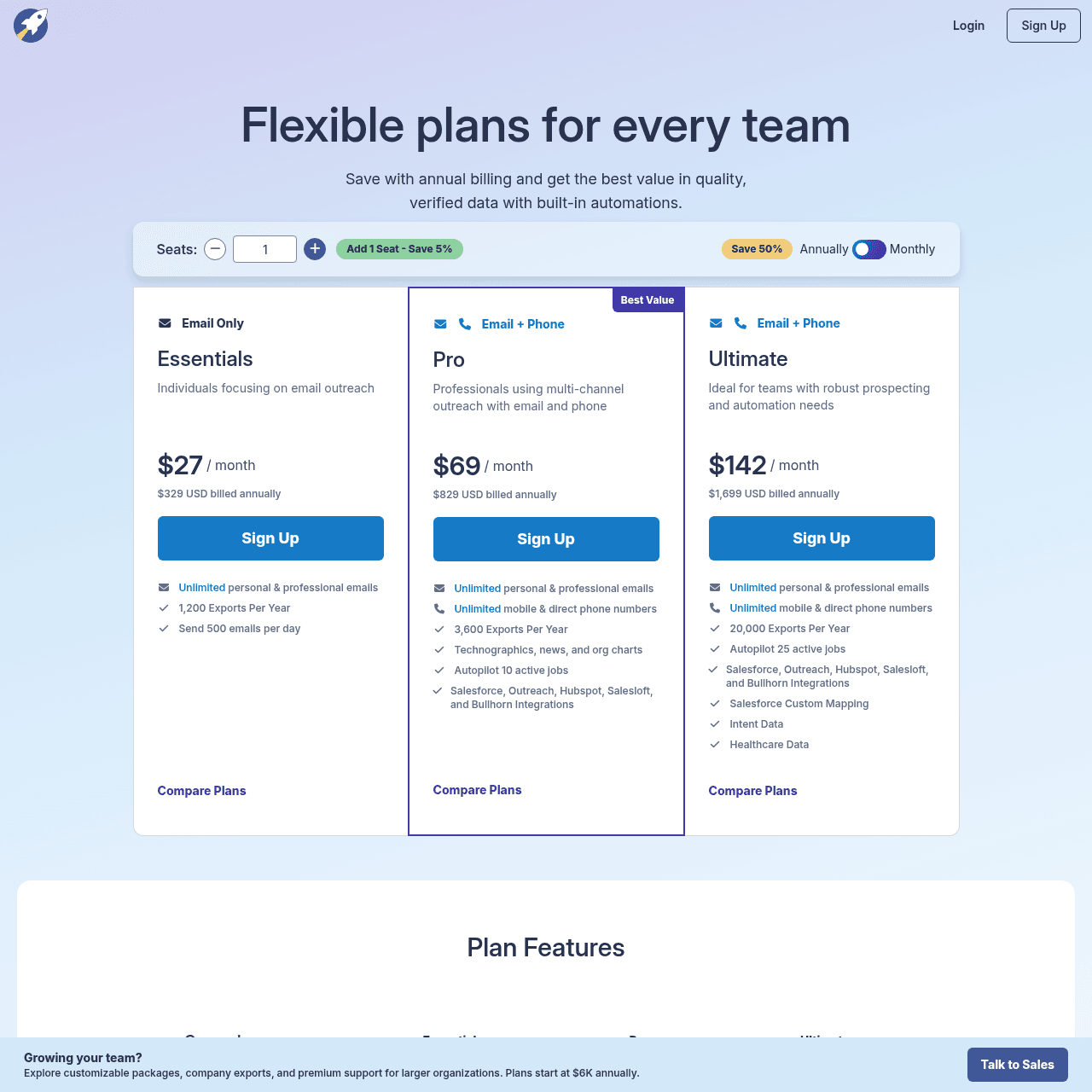 RocketReach pricing page showing Essentials, Pro, and Ultimate plans